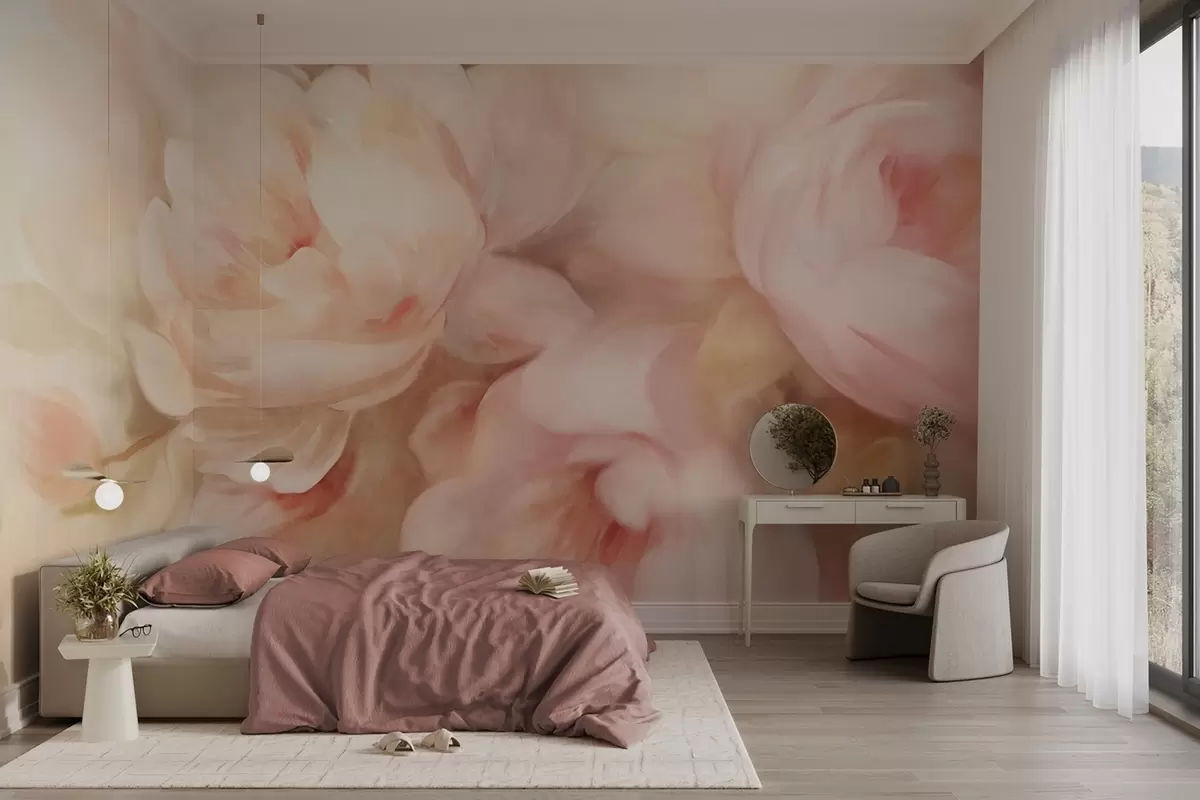 murales de pared Peonías difuminadas en rosa pálido y crema con suaves pinceladas pictóricas, creando un arreglo floral con textura. w09556