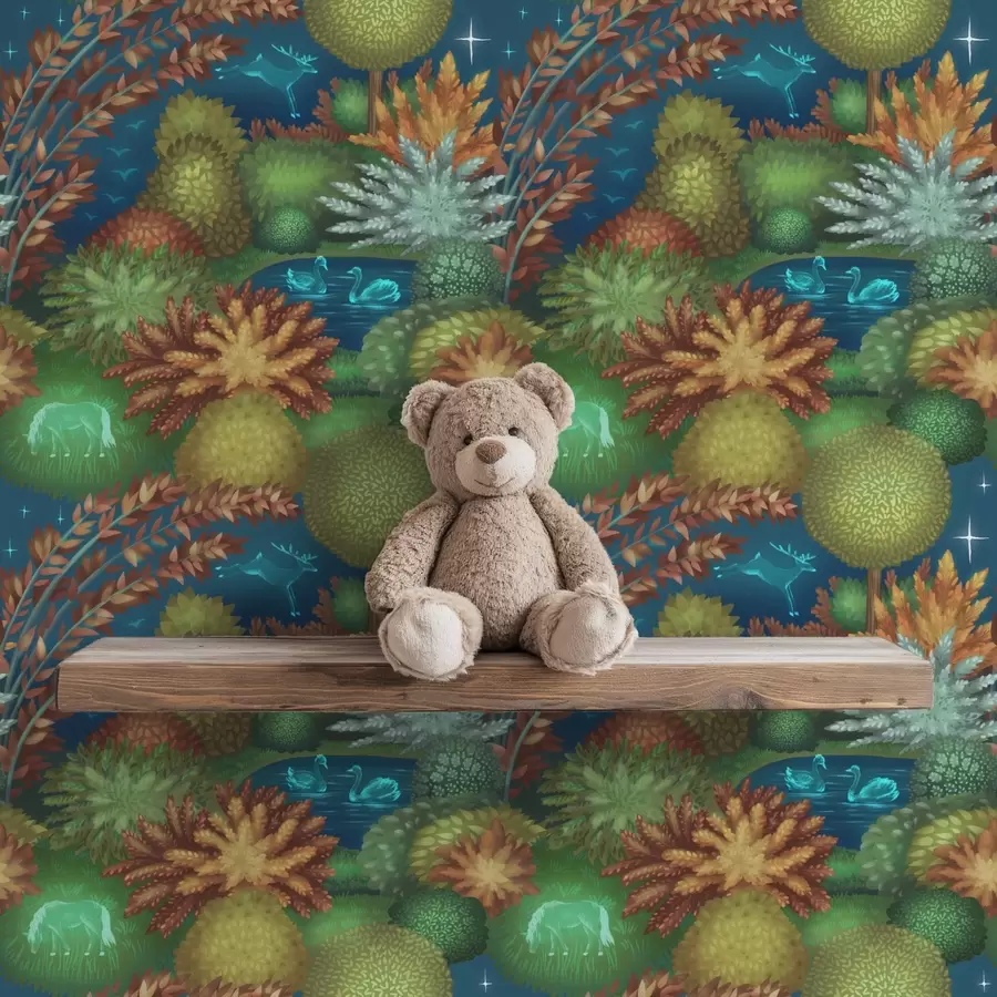 murales de pared Jardín nocturno de cuento de hadas con un lago y animales luminosos. a00851