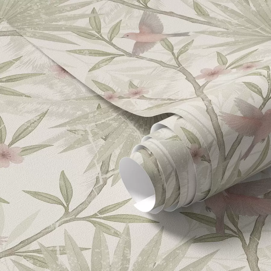 murales de pared Delicadas aves rosadas entre hojas de palmera a00883