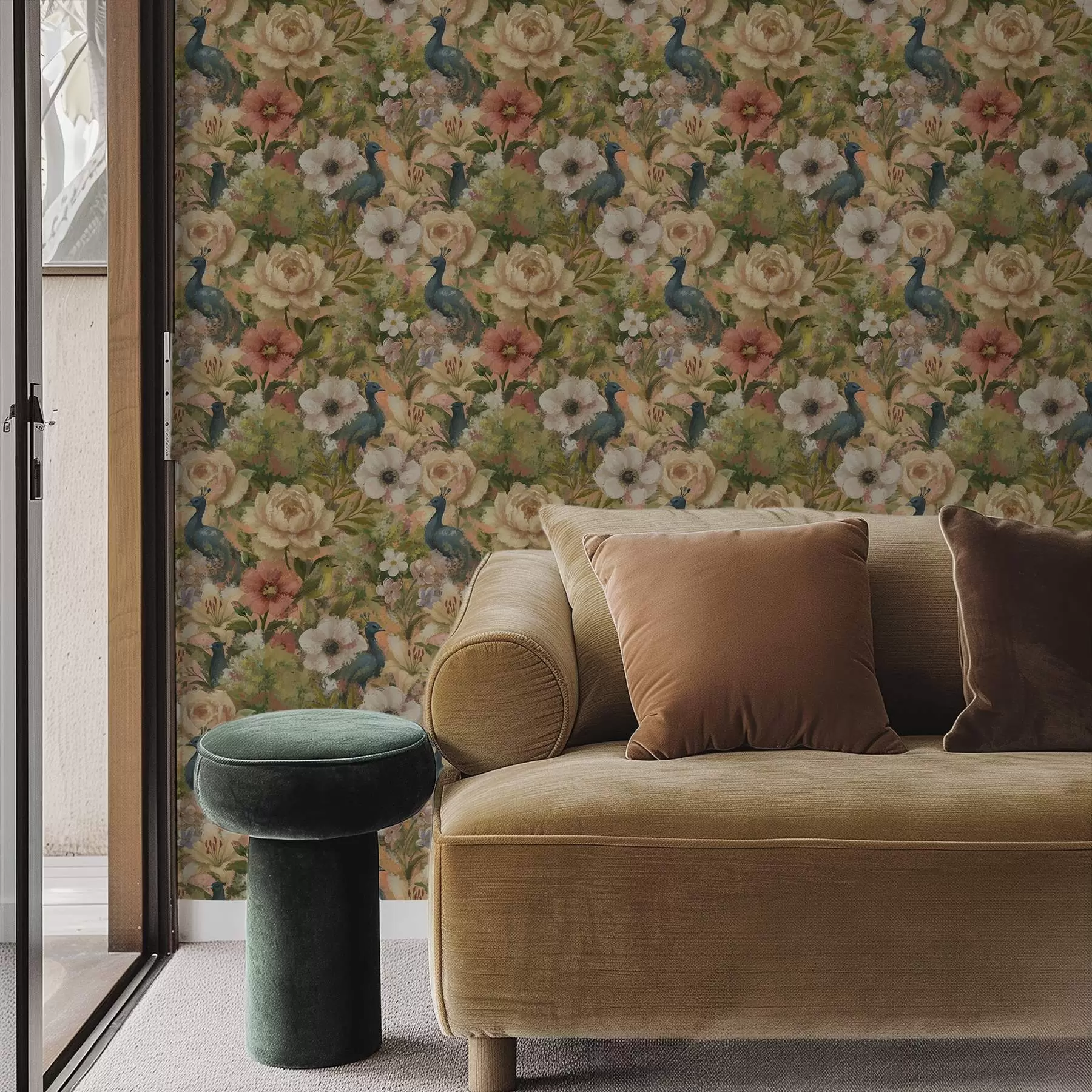 murales de pared Jardín pintoresco con pavos reales y flores grandes a00885