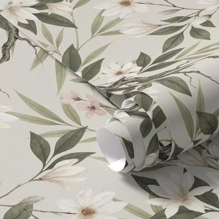 murales de pared Pintassilgos con el pecho blanco posados en ramas con flores color crema a00889