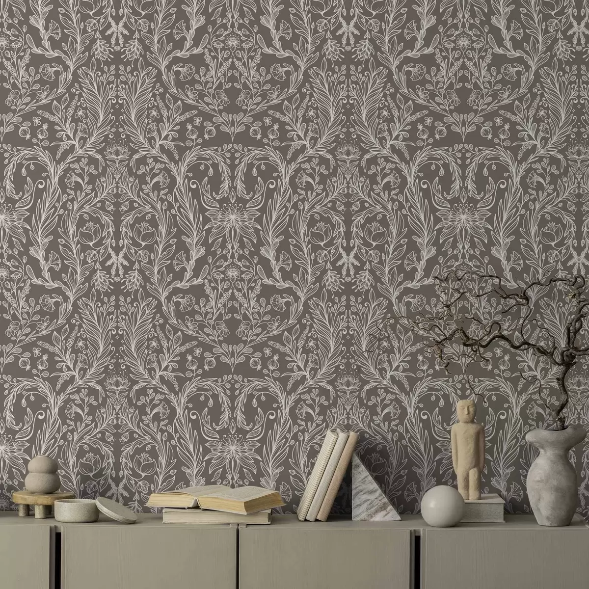 Papel pintado Estampado botánico monocromático en marrón cálido a00929v2