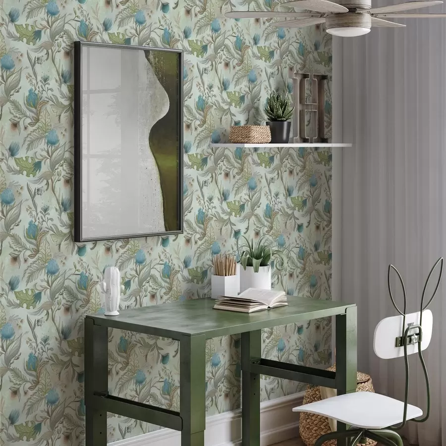 murales de pared Flores azules y vegetación sobre un suave fondo menta. a00930v1