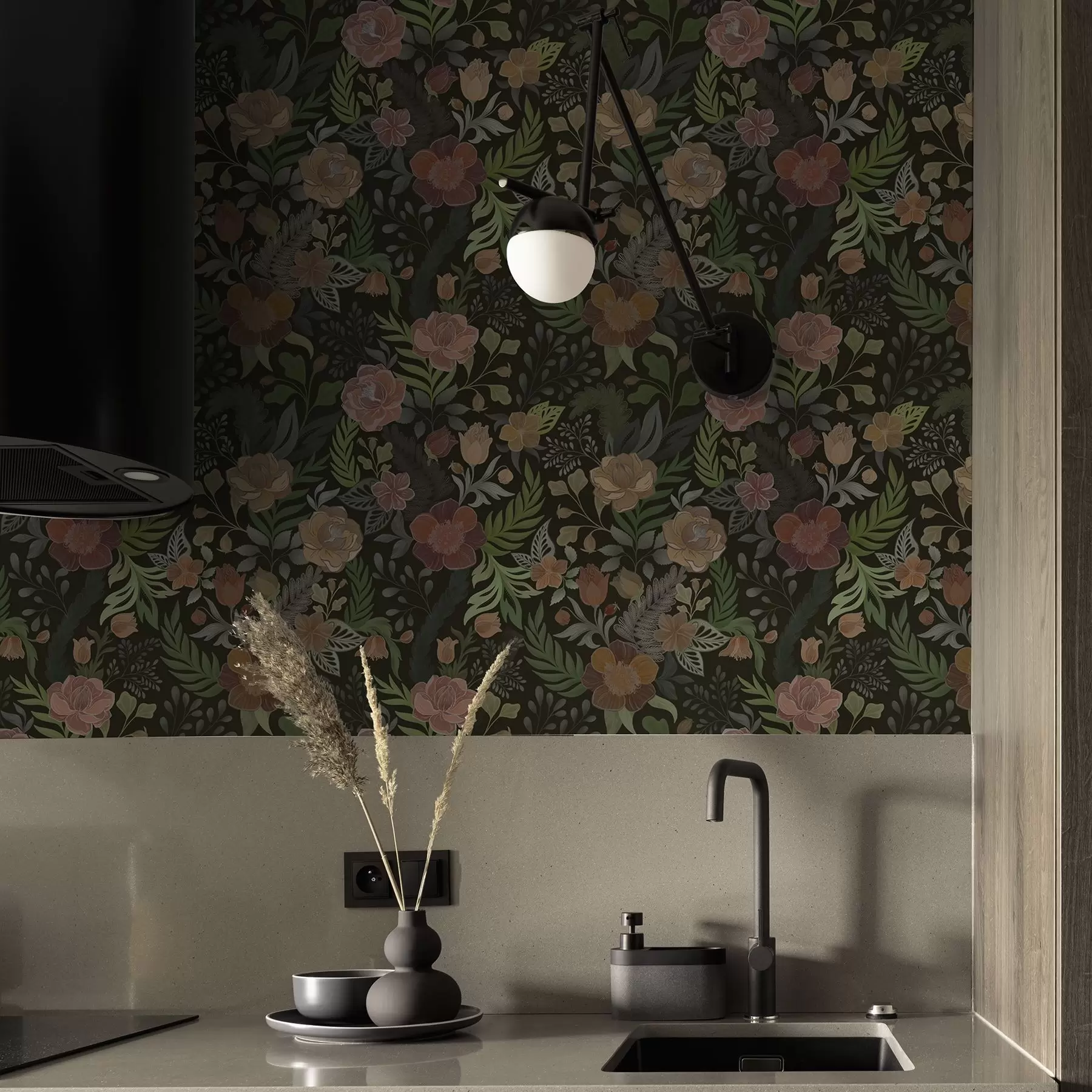 murales de pared Ricas flores y vegetación sobre un fondo oscuro intenso a00932