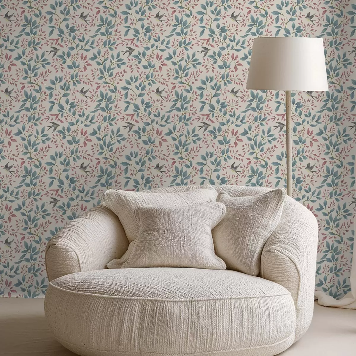 Papel pintado Ramitas azules y rosas con pájaros sobre fondo crema. a00933