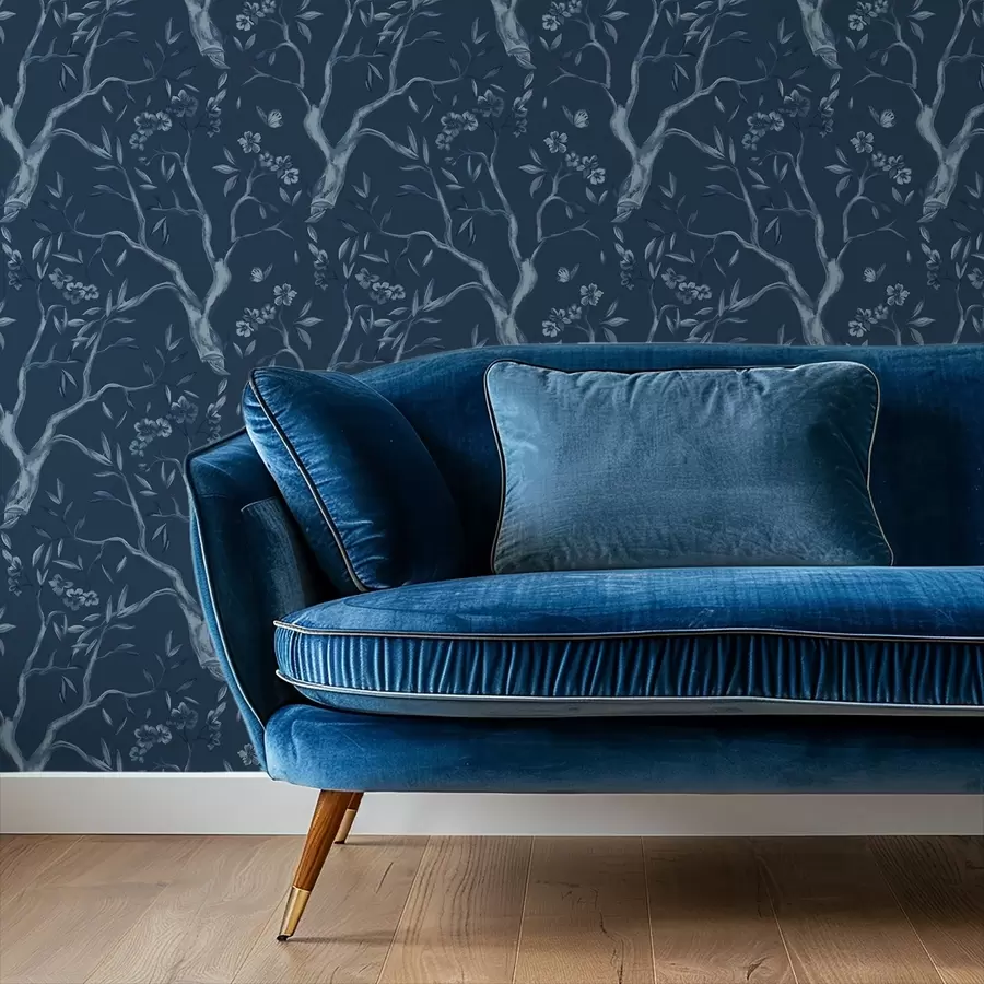 murales de pared Ramas con flores azules y mariposas sobre fondo oscuro. a00951v1