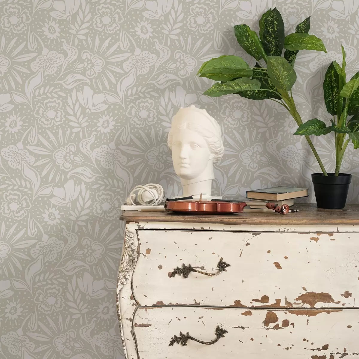 Papel pintado Adorno floral lineal blanco sobre fondo beige. a00956