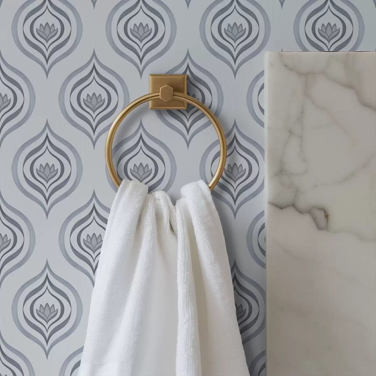 Papel pintado Motivo de gota con una flor en tonos gris azulados. a00977v3