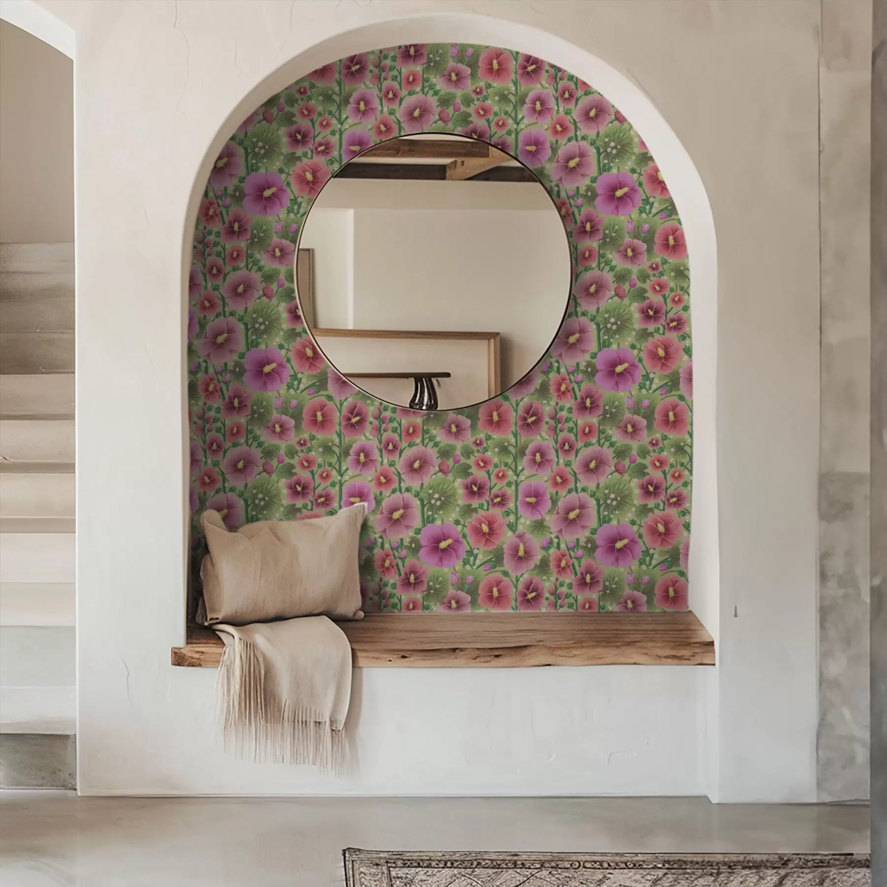 murales de pared Grandes flores y hojas de hibisco sobre un fondo verde oscuro a00993