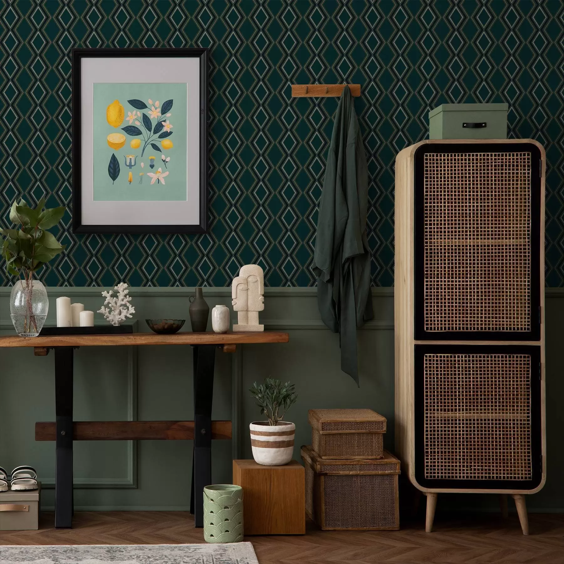 murales de pared Fondo verde azulado oscuro con filas verticales de rombos. a00976