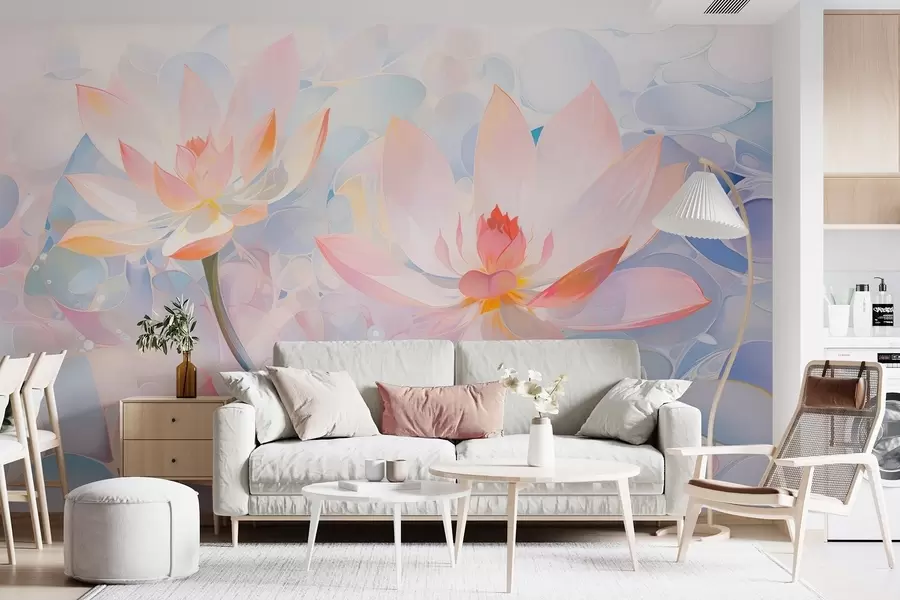 murales de pared Flores de loto en tonos pastel suaves, estilo acuarela. w09512