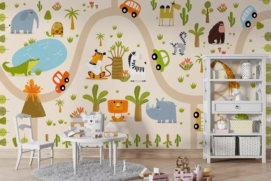 murales de pared Safari con animales y coches w04931