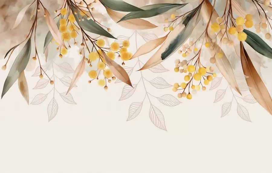 murales de pared flores y hojas de mimosa cayendo desde arriba en estilo acuarela w04880