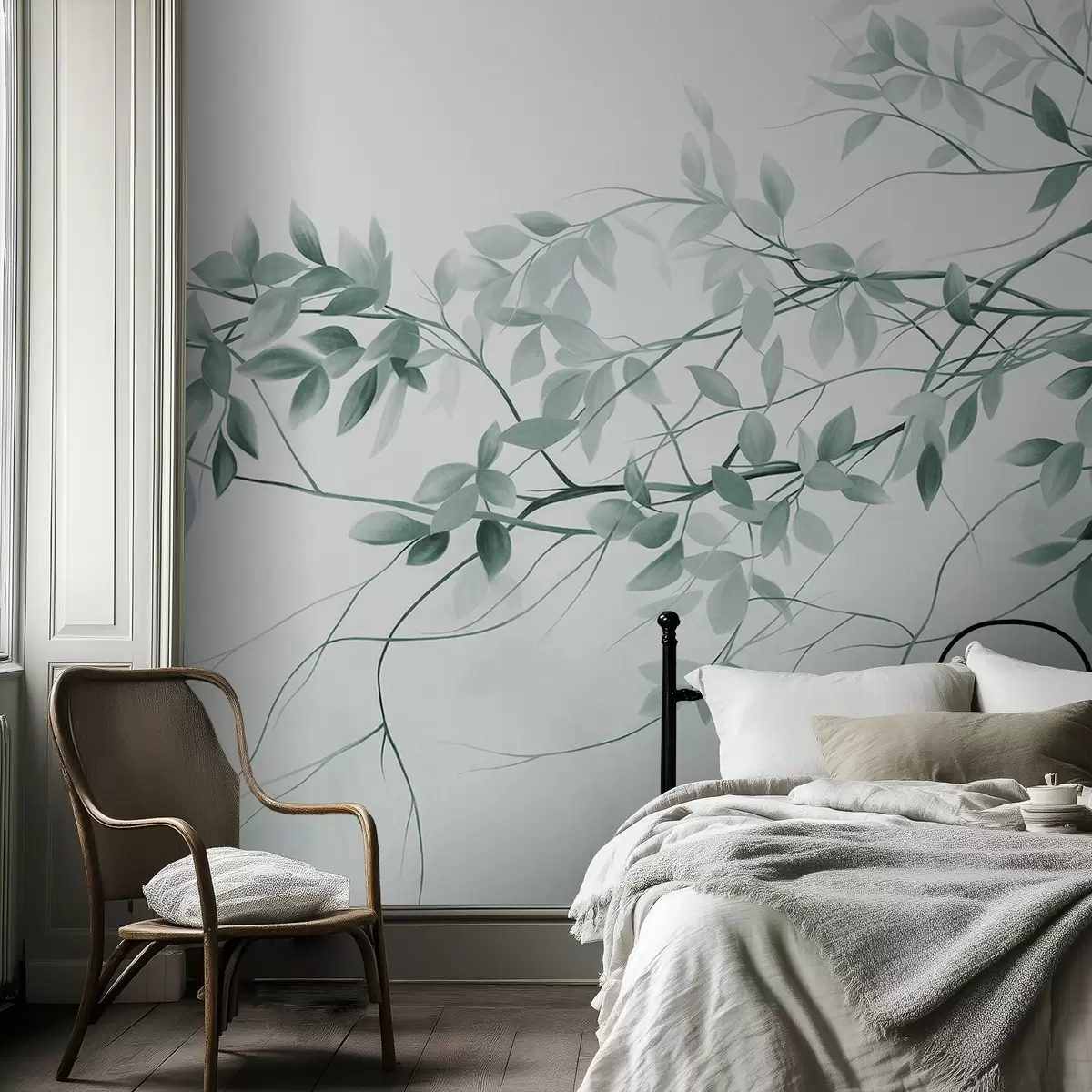 murales de pared Ramas de textura delicada con hojas de tonos grises y verdes apagados sobre un fondo suave y difuminado w09336v1