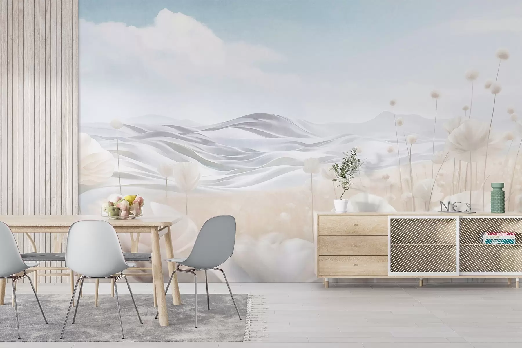 murales de pared Campo texturizado de amapolas cremosas con colinas onduladas bajo un cielo azul pálido con nubes suaves, colores pastel w09553