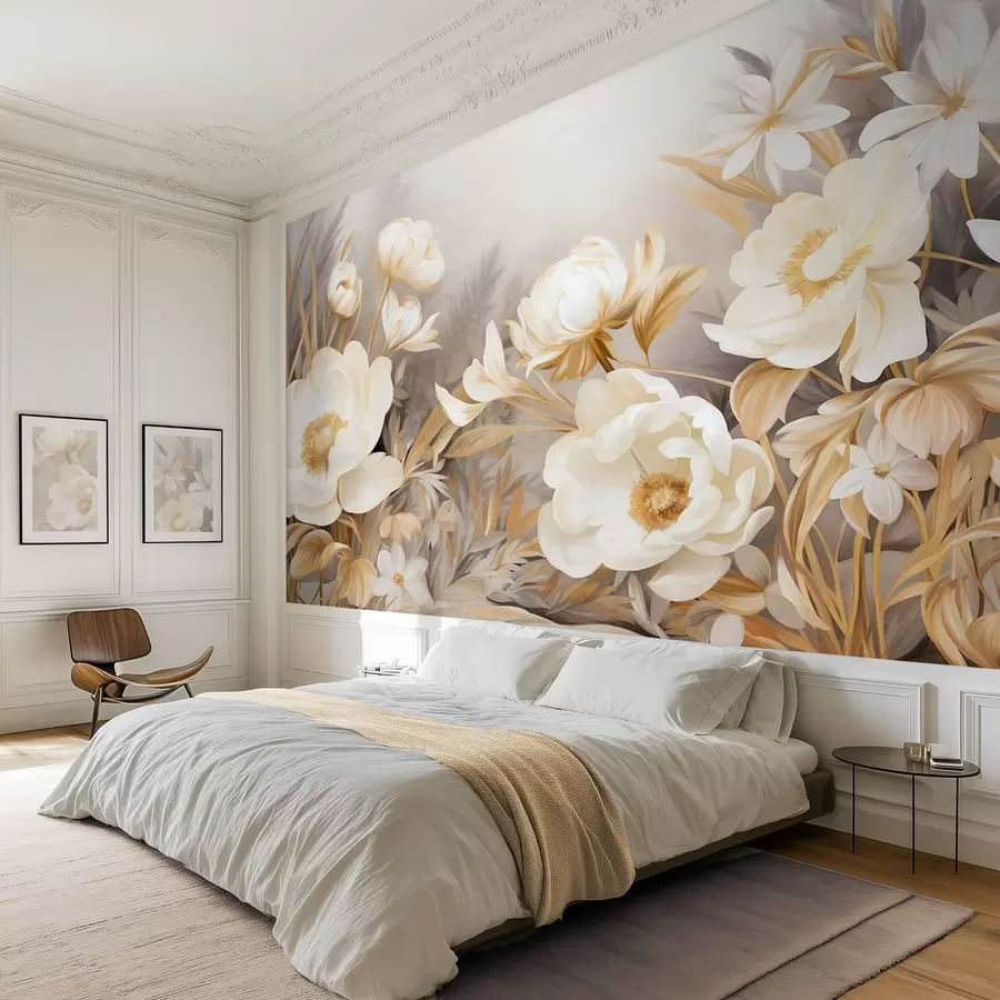 murales de pared Peonías blancas y amarillas y otras flores con hierba alta y hojas en un estilo suave y pictórico con textura. w09494