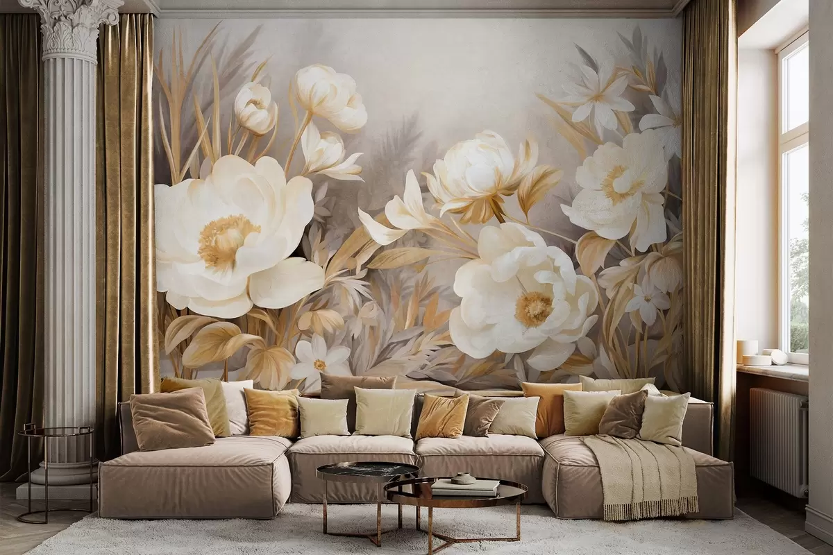 murales de pared Peonías blancas y amarillas y otras flores con hierba alta y hojas en un estilo suave y pictórico con textura. w09494