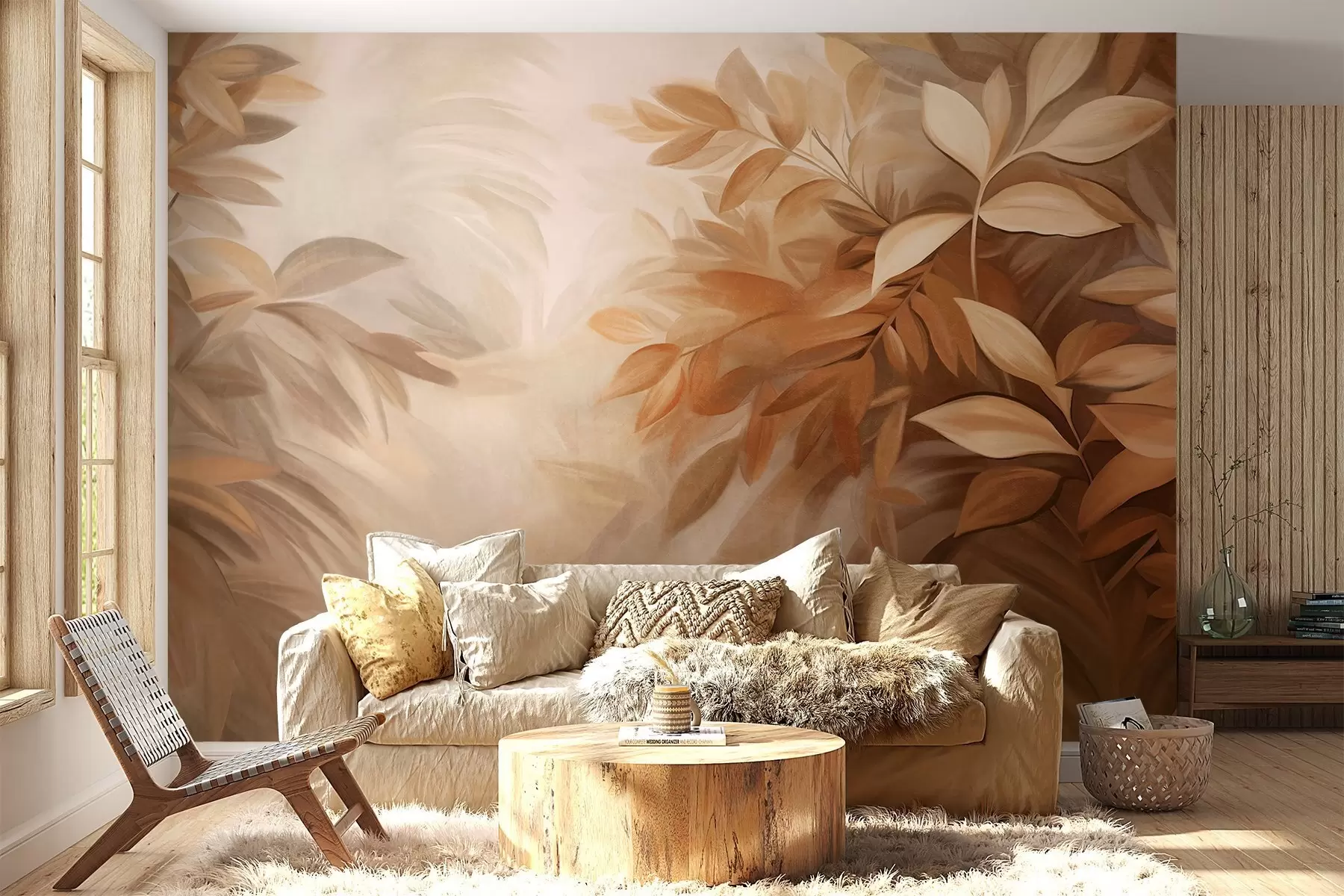 murales de pared Hojas marrones y beige con un follaje de textura suave y difuminada, en un estilo pictórico con pinceladas visibles w09584