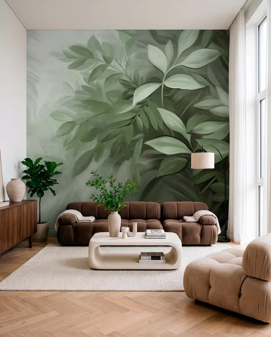 murales de pared Hojas verdes y grises con un follaje de textura suave y difuminada, en un estilo pictórico con pinceladas visibles w09584v1