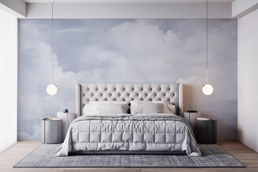 murales de pared Cielo con textura pastel lleno de nubes blancas con una estética suave y minimalista w09589