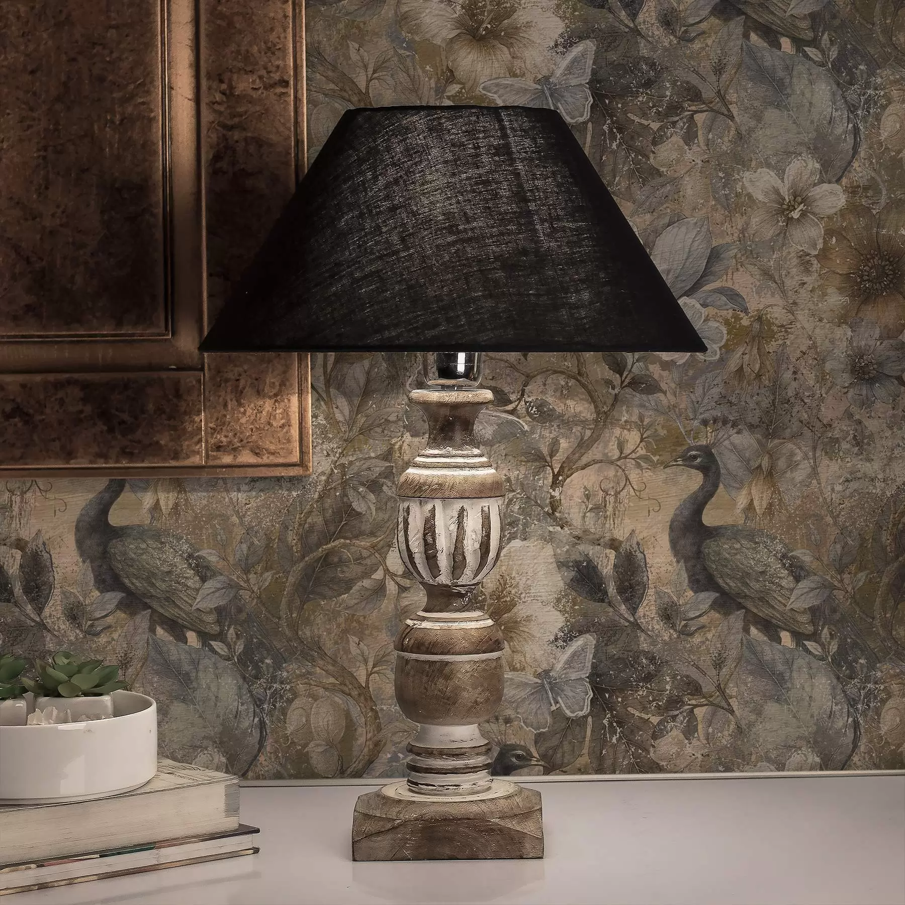 murales de pared Collage floral envejecido con pavos reales y mariposas a00897