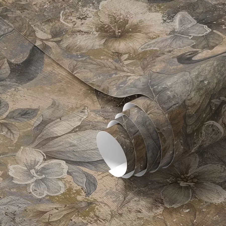 murales de pared Collage floral envejecido con pavos reales y mariposas a00897