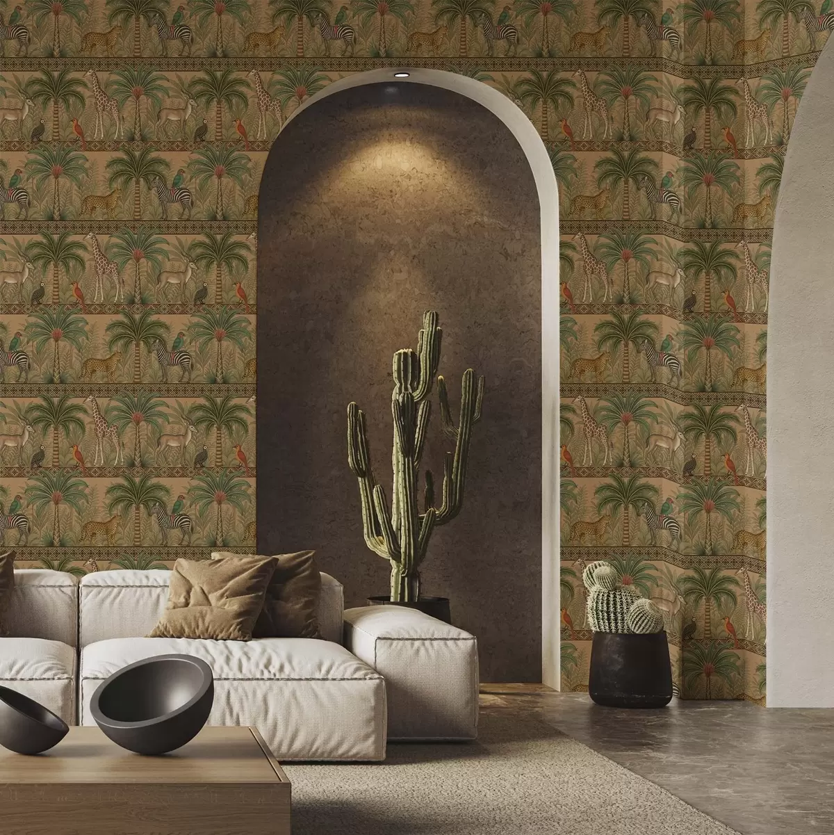 Papel pintado Animales decorativos de la sabana entre palmeras y bordes a00898