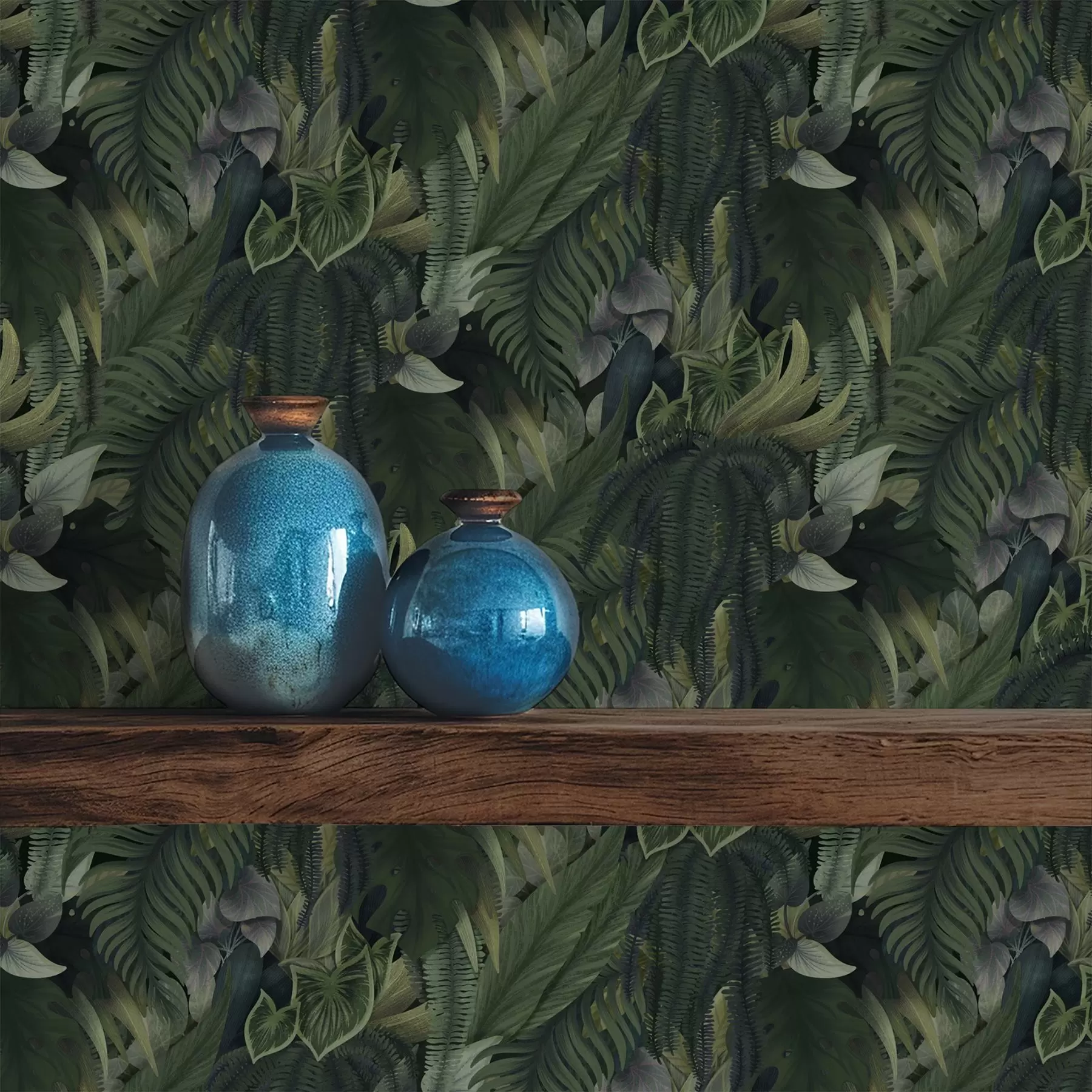 murales de pared Denso follaje tropical en matorrales de color verde intenso a00943