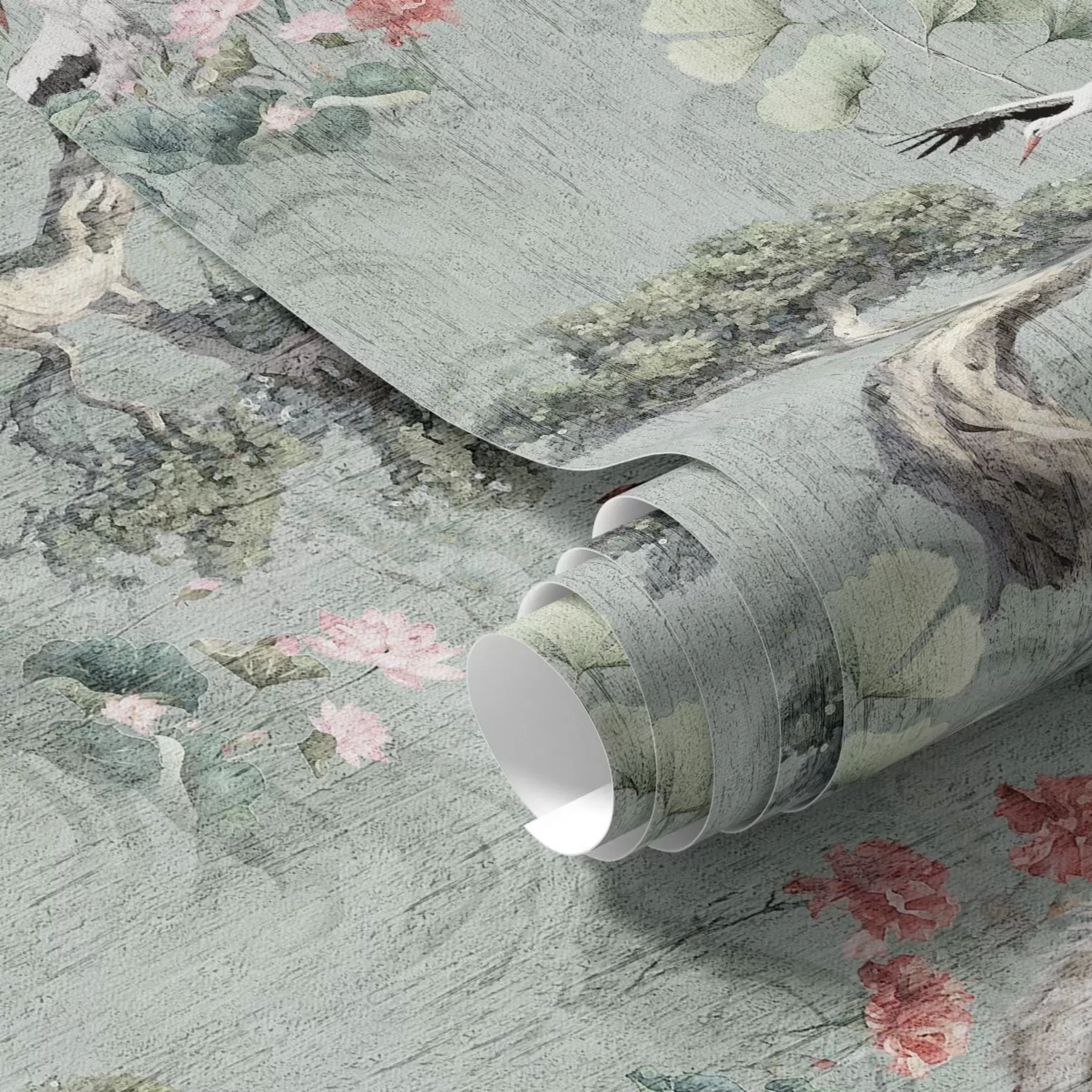 murales de pared Grullas entre pinos y lotos sobre un tranquilo fondo verde a00962