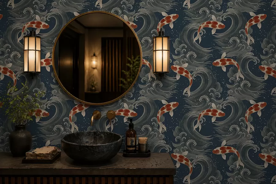 murales de pared Peces koi nadando entre espectaculares olas oceánicas a01019