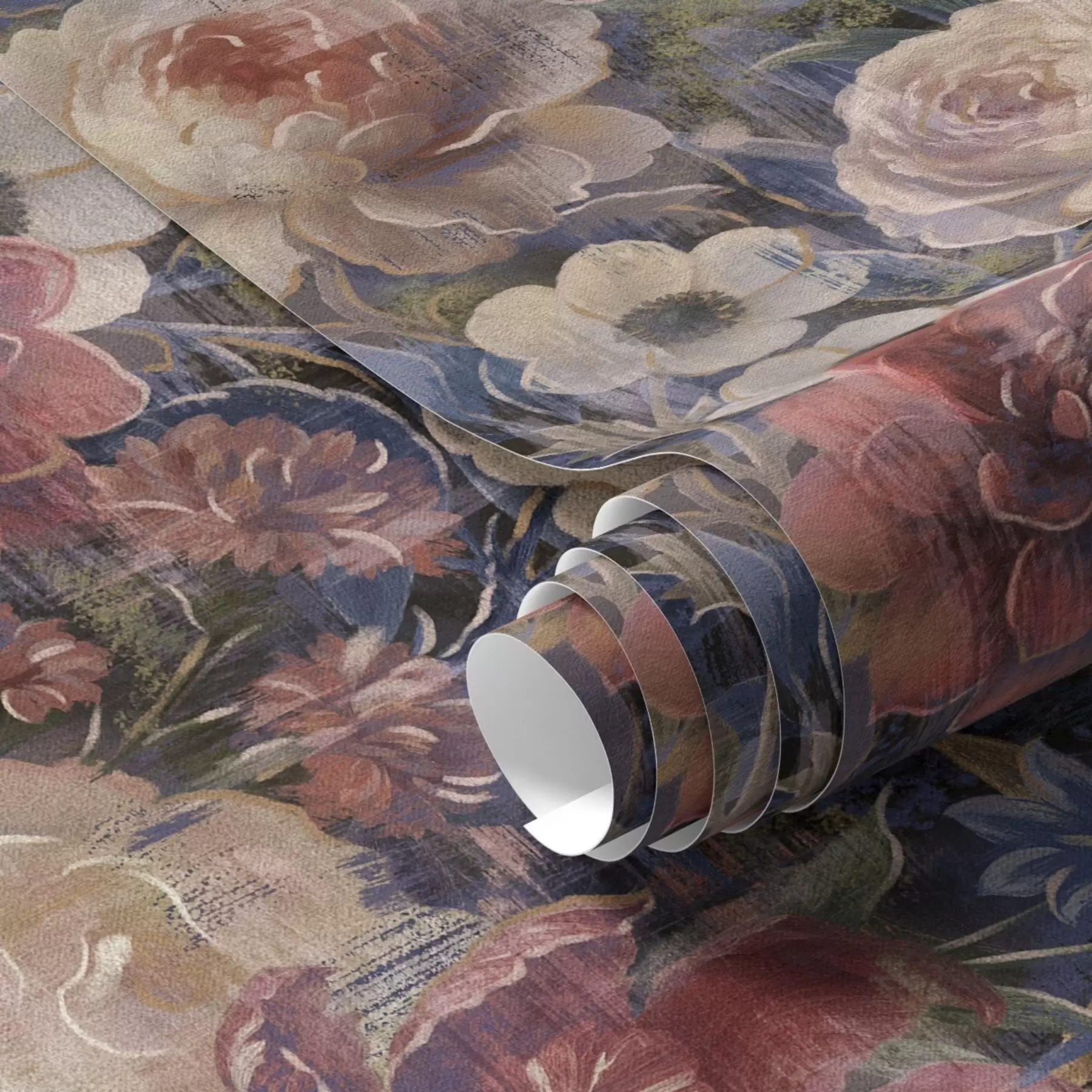 murales de pared Ramo pictórico de flores grandes sobre fondo índigo intenso a01021