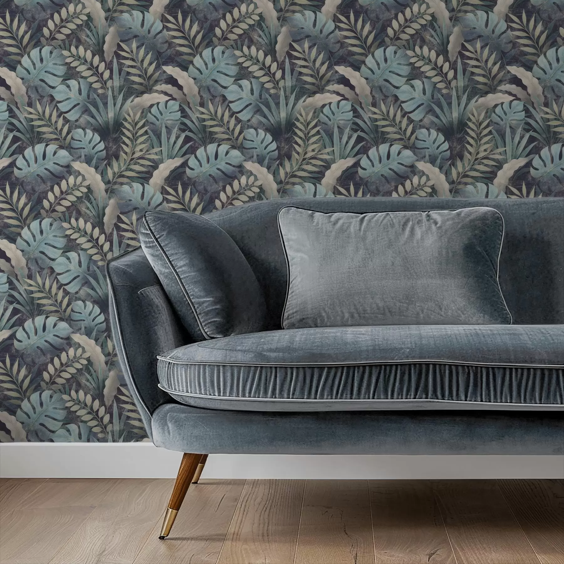 murales de pared Follaje tropical en tonos azul verdosos fríos a01035