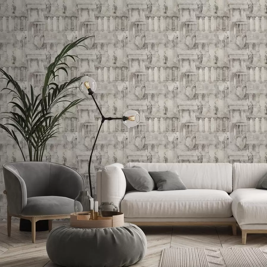 murales de pared Estatuas y columnas antiguas en suaves tonos beige grisáceos. a01041