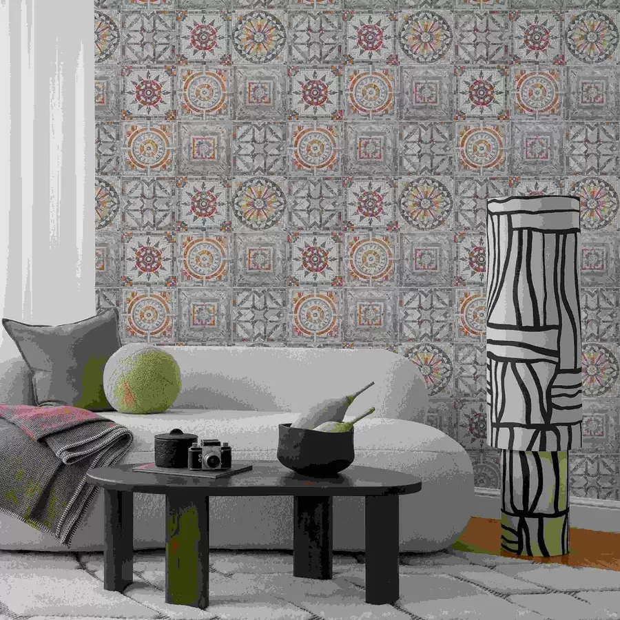 murales de pared Medallones antiguos de mosaico de piedra con detalles desgastados. a01042