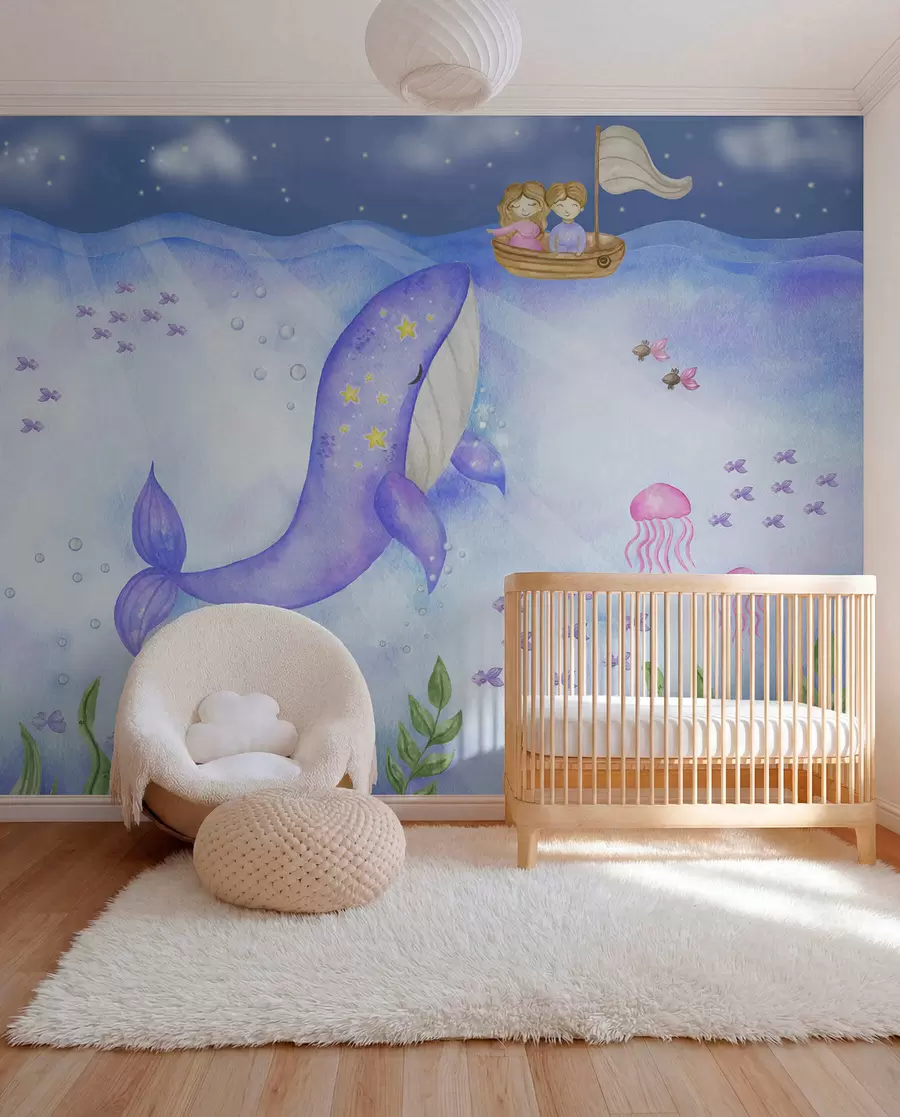 murales de pared Una ballena nada bajo una noche estrellada w01965
