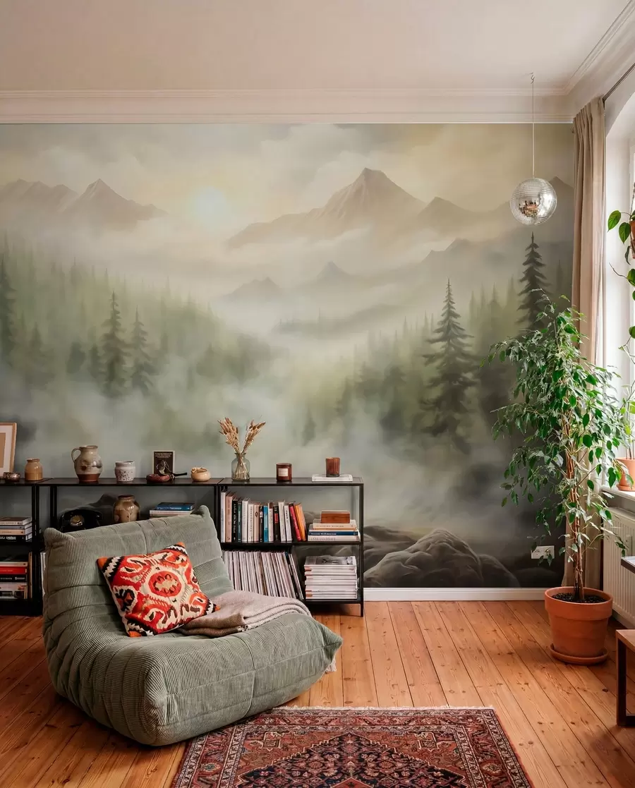 murales de pared Bosque en la niebla con las montañas como telón de fondo w04730