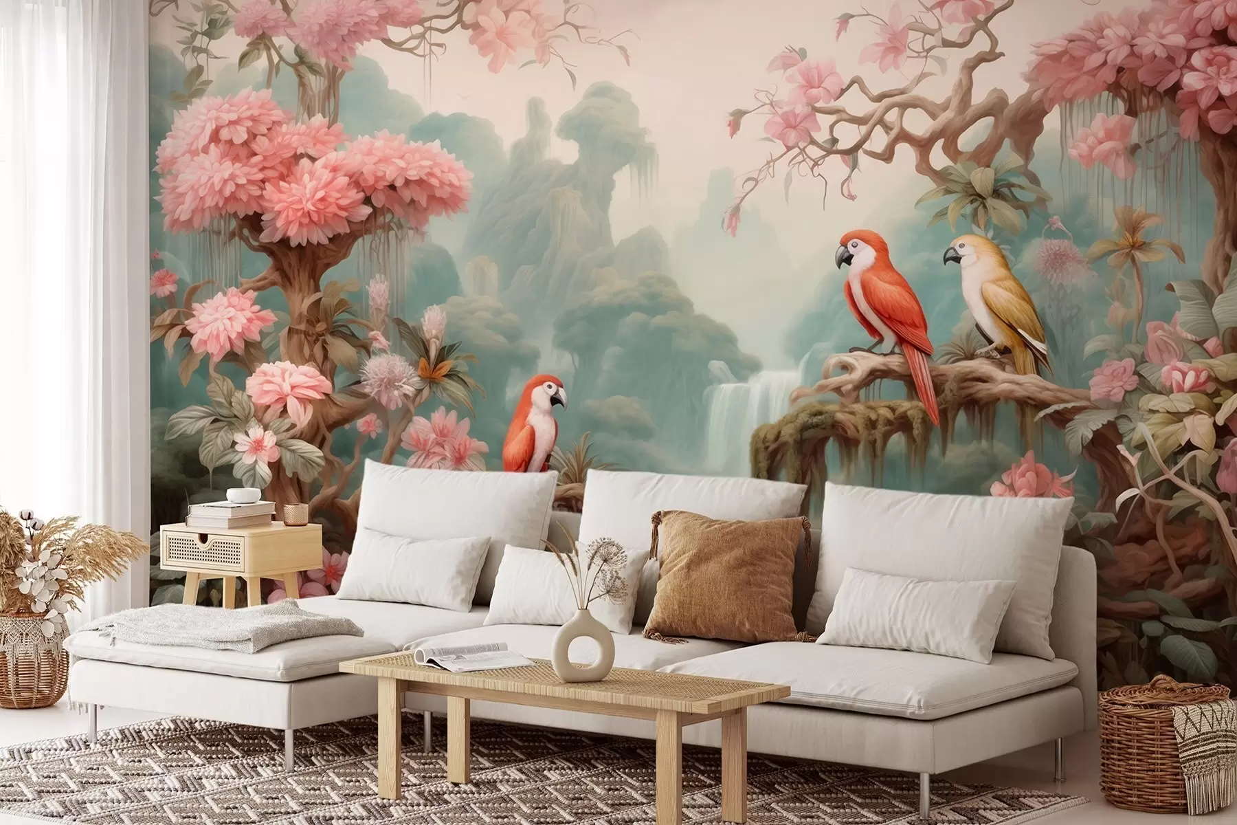 murales de pared Un bosque tropical de cuento de hadas con loros, árboles en flor con flores rosas y una cascada. w09580