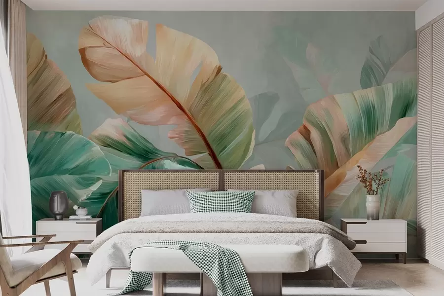 murales de pared Delicadas hojas tropicales de plátano en tonos pastel amarillo verdosos. w09581