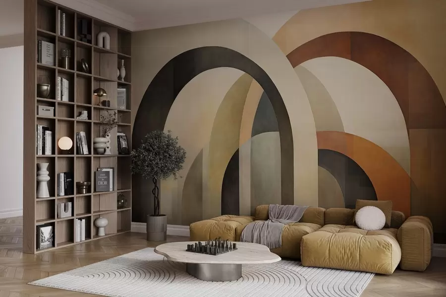 murales de pared Arcos geométricos abstractos con textura en tonos tierra de beige, marrón y gris, un diseño arquitectónico moderno en capas. w09611