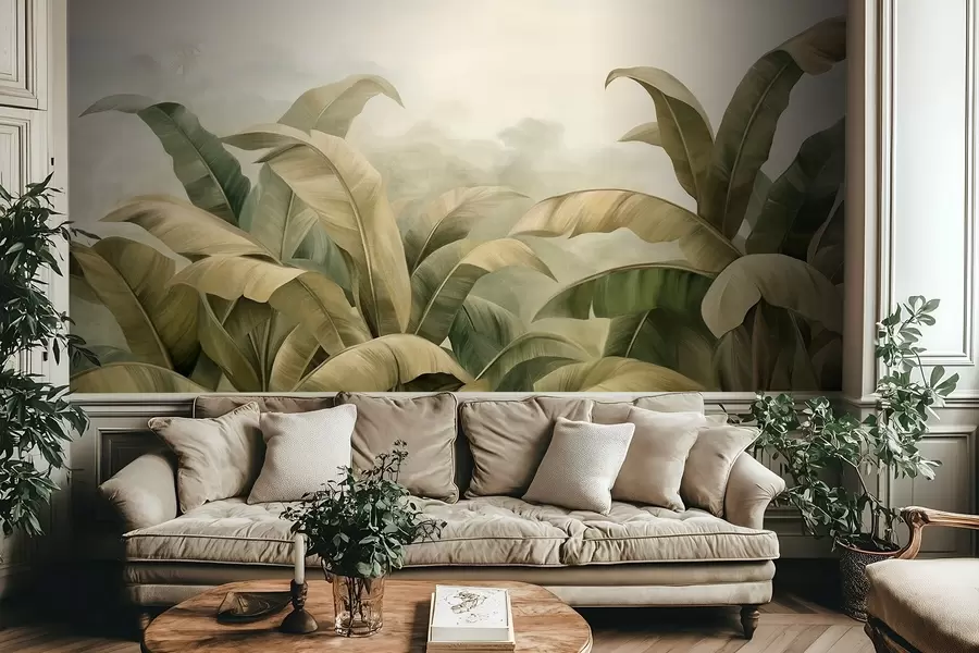 murales de pared Paisaje selvático denso y texturizado con grandes hojas de plátano en tonos verdes y beige apagados. w09613