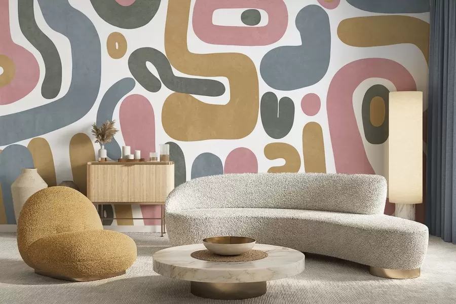 murales de pared Formas abstractas con textura en rosa pastel, azul apagado, amarillo mostaza y gris sobre fondo blanco, arte moderno. w09620