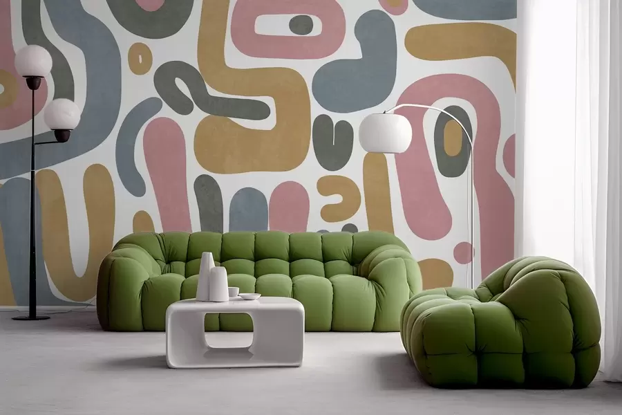 murales de pared Formas abstractas con textura en rosa pastel, azul apagado, amarillo mostaza y gris sobre fondo blanco, arte moderno. w09620