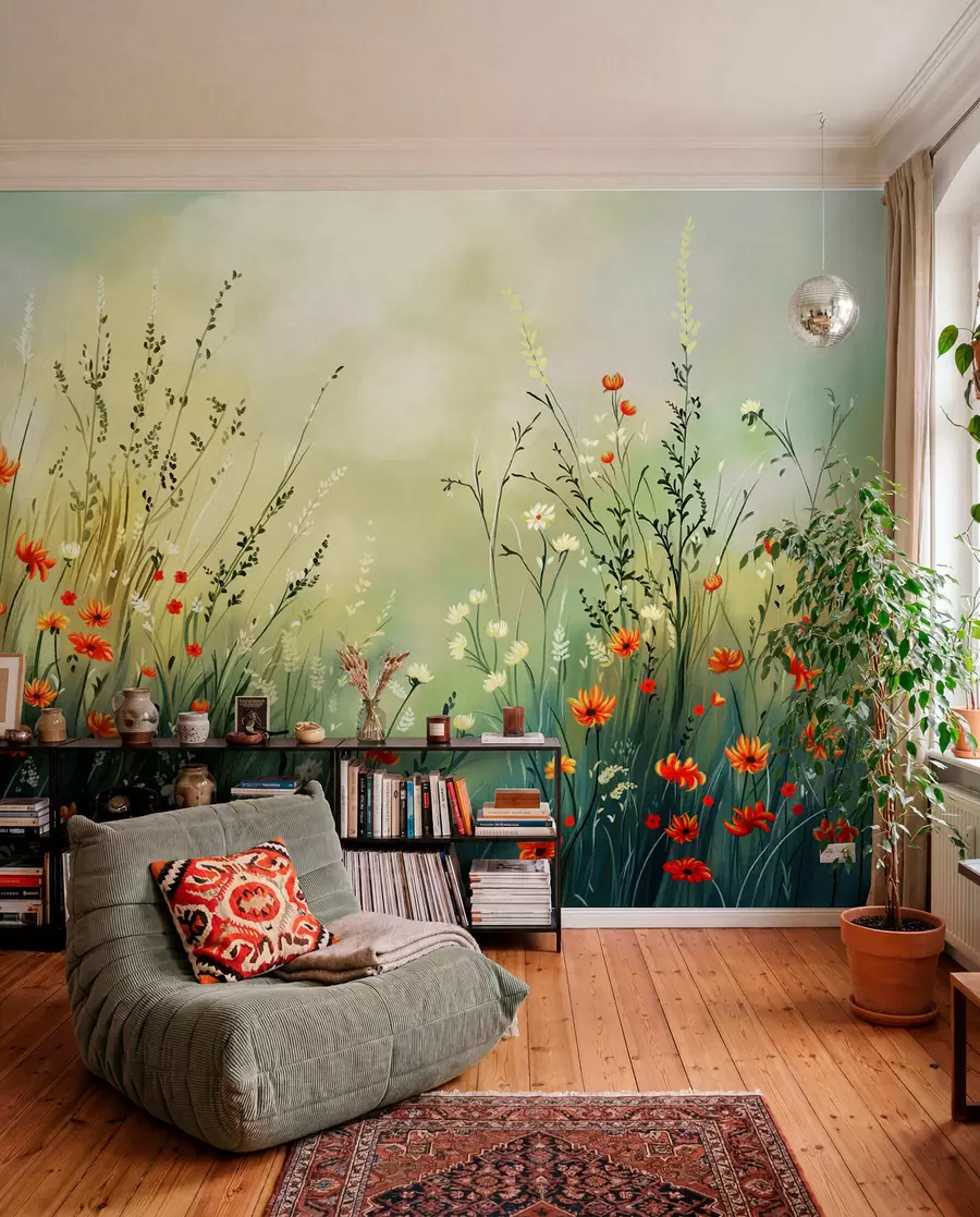 murales de pared Flores y hierbas del prado en un estilo pictórico suave. w05015