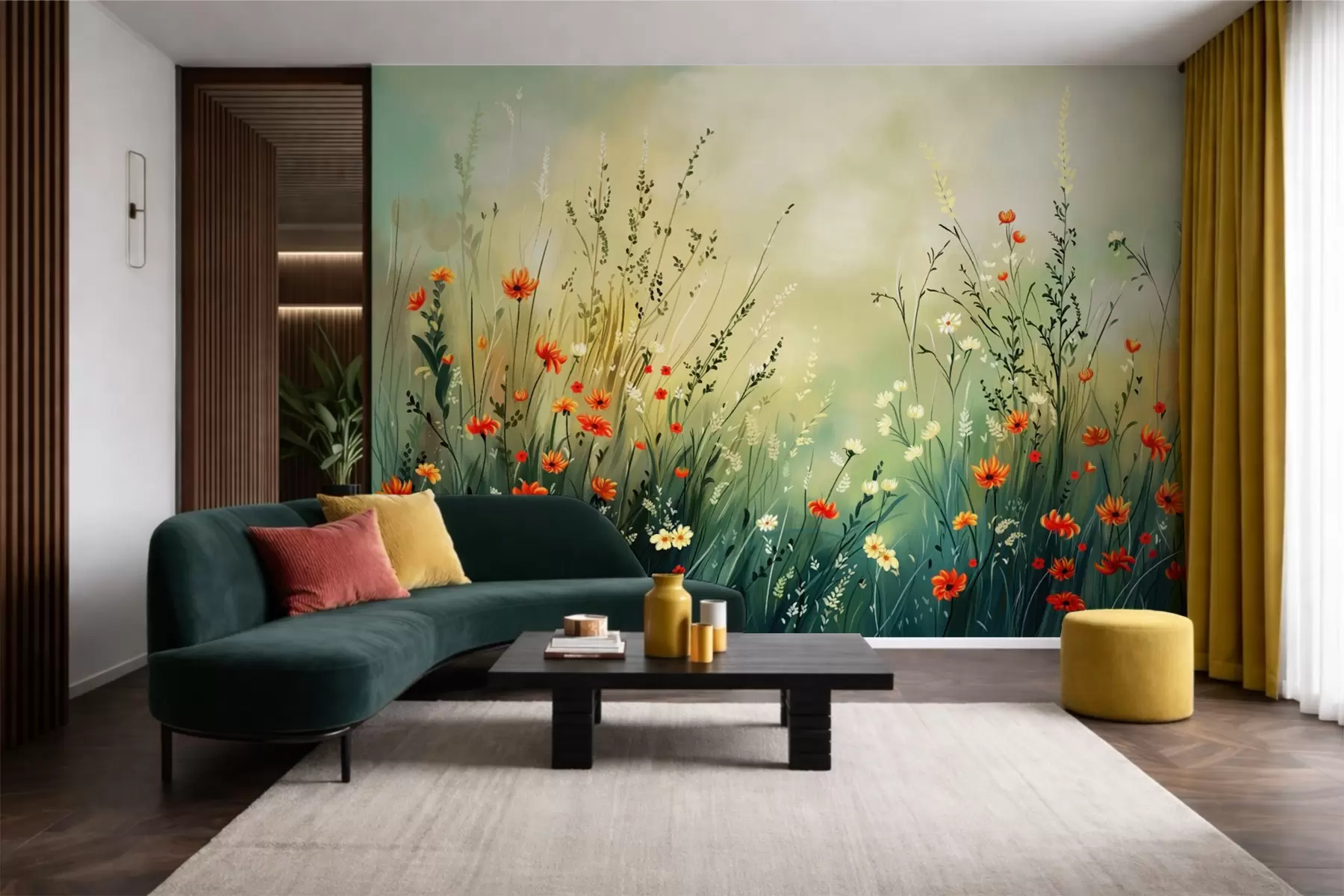murales de pared Flores y hierbas del prado en un estilo pictórico suave. w05015