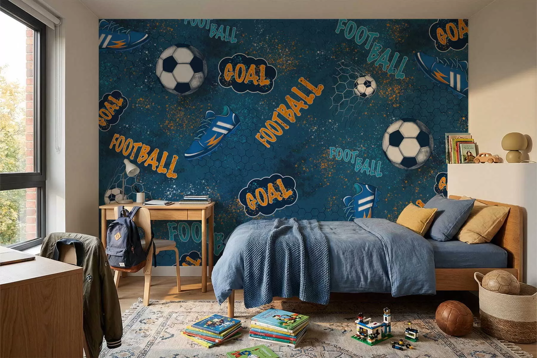 murales de pared Diseño infantil con pelotas, zapatillas y palabras deportivas. w05037