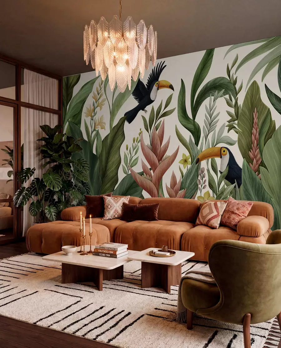 murales de pared Plantas tropicales y aves de pico grande sobre fondo claro w05088v1