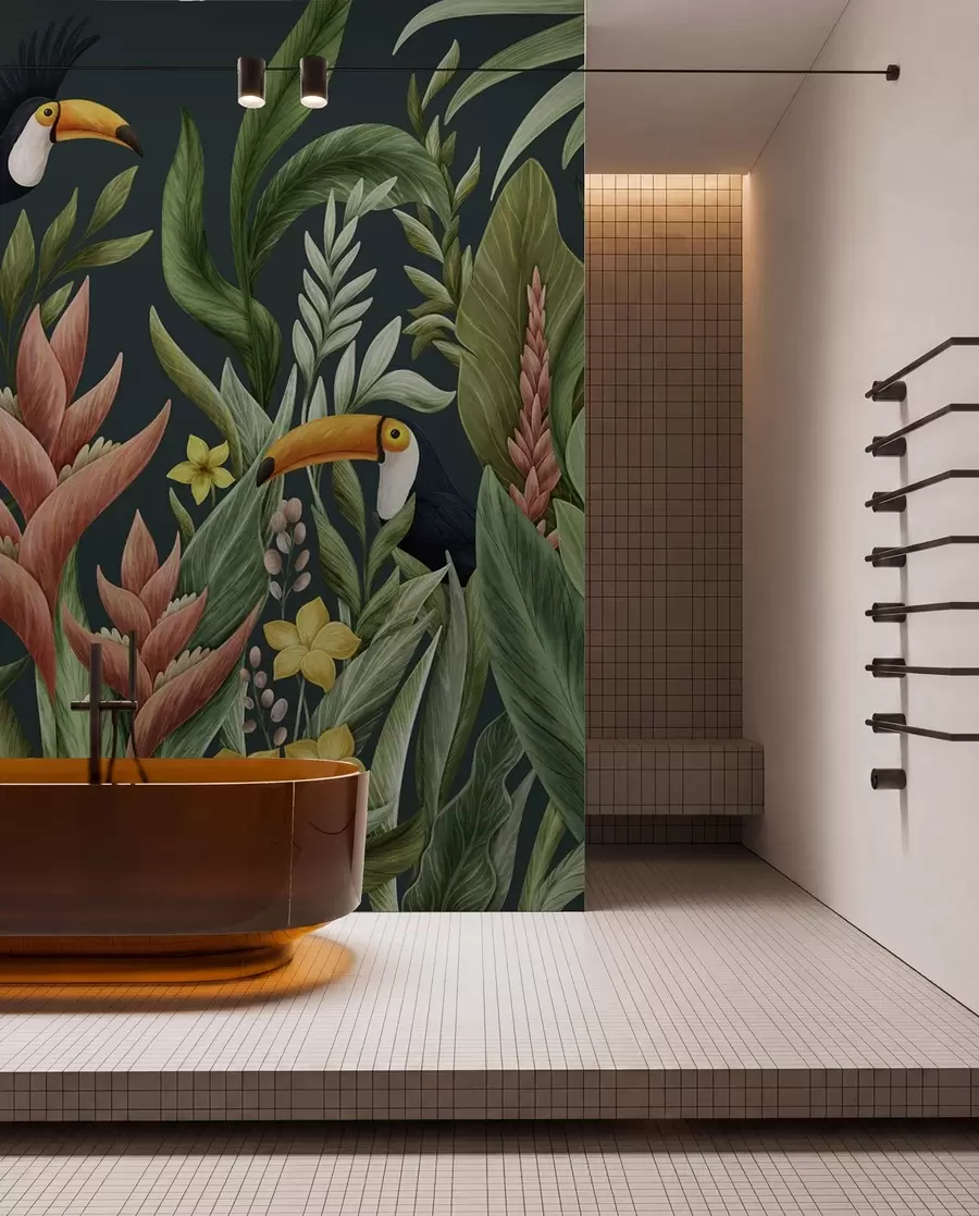 murales de pared Plantas tropicales y aves de pico grande sobre fondo oscuro w05088v2