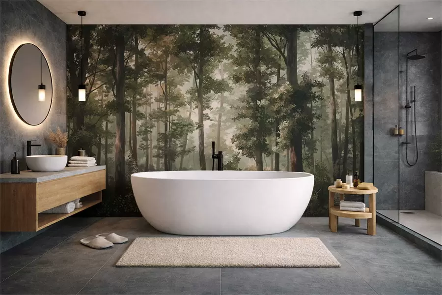 murales de pared Ilustración de un bosque con niebla, árboles altos y un sendero. w05089