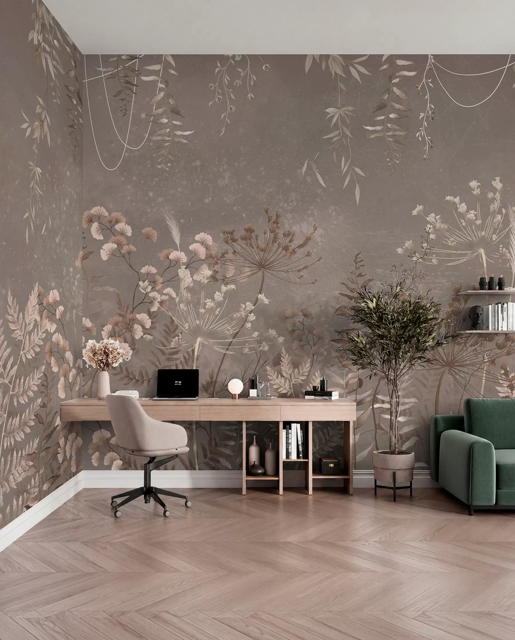 murales de pared Diseño botánico ligero con flores y hojas. w05092v1