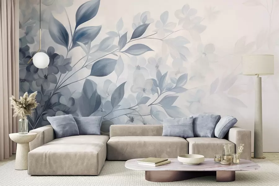 murales de pared Rama azul y blanca con textura, con flores y hojas que se desvanecen en un fondo claro, estilo pintura acuarela. w09543